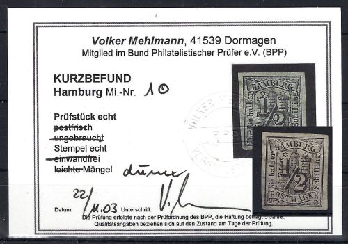 A) Hamburg Mi 1 ° mit KB Mehlmann BPP, ME 750€