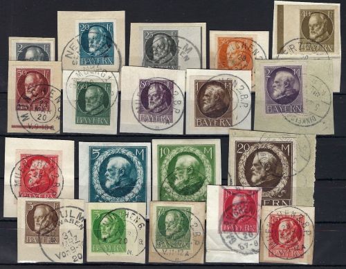 A) Bayern Mi 94-115 B II je auf Briefstück, gepr. Infla Berlin, ME 500€