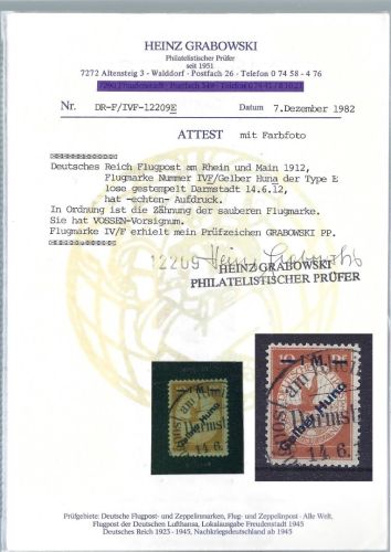 C) DR Flugpost 1912, Mi IV F ° Gelber Hund, Attest Grabowski, ME 300€
