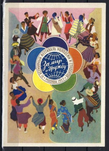 A) Sowjetunion Propagandakarte " Weltjugend-Fest 1957"