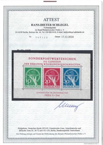 A) Berlin Block 1 ** mit PF II einwandfrei, FA Schlegel BPP, ME 2.500€