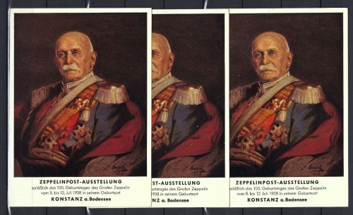 A) DR 3 versch. Privat-GA "Zeppelin-Ausstellung Konstanz 8.7.1938"
