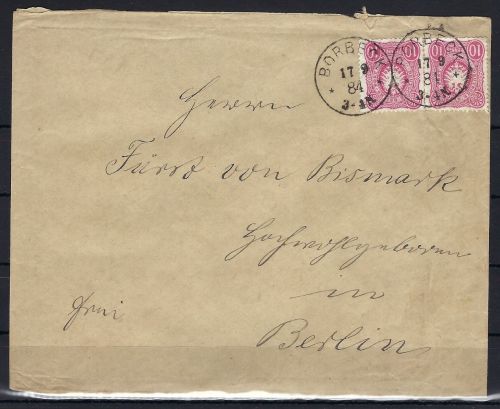 A) DR Brief von 1884 adressiert an Reichskanzler Otto von Bismarck