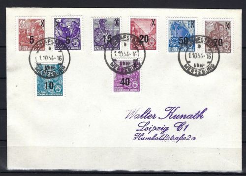 C) DDR Mi 435-442 Satzbrief mit ESt Schafstädt 1.10.54, FDC, ME 900€