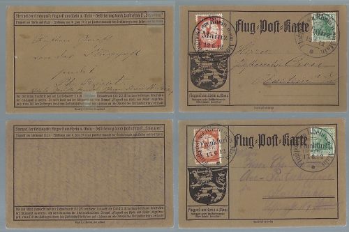 A) DR Flugpost 1912 Mi I - II jeweils auf Flugpostkarte