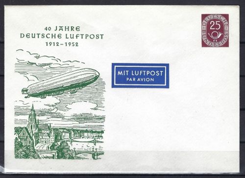 A) Bund Posthorn Ganzsache 25 Pfg. "40 J. Deutsche Luftpost", Zeppelin