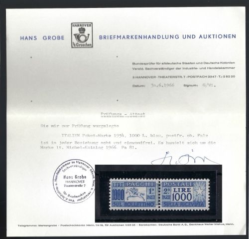 A) Italien Paketmarken die seltene Mi 81 **, Attest Grobe , ME 4000€