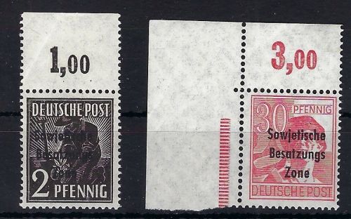 A) SBZ Mi 182, 192 a je ** P OR dgz, Mi 192 als Eckrand