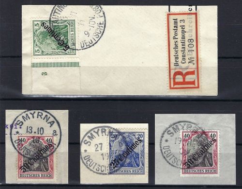 A) DAP Türkei 4 Luxus Briefstücke mit versch. Stempel+R-Zettel
