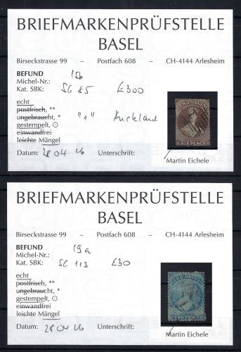 A) Neuseeland Mi 15b°, 19a°, Befund Prüfstelle Basel, ME 275€