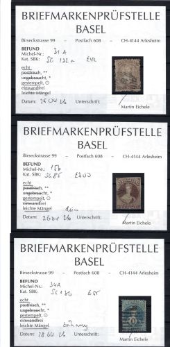 A) Neuseeland Mi 15b°, 31A°, 34A°, Befund Prüfstelle Basel, ME 235€