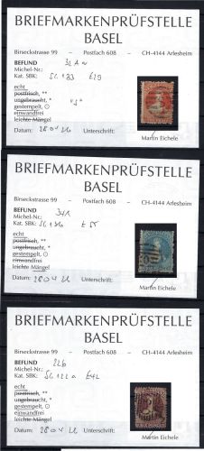 A) Neuseeland Mi 22b°, 32Aa°, 34°, Befund Prüfstelle Basel, ME 130€