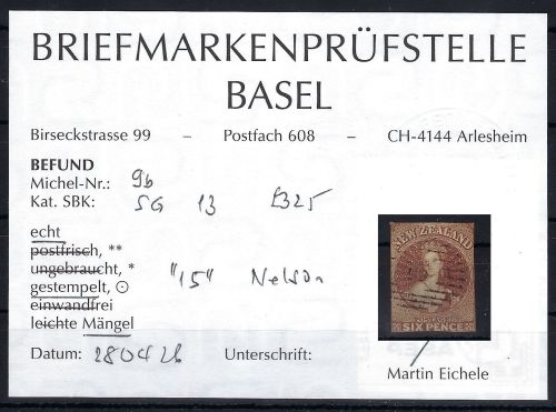 A) Neuseeland Mi 9 b °, Befund Prüfstelle Basel, ME 500€