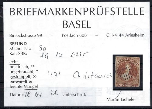 A) Neuseeland Mi 9 a °, Befund Prüfstelle Basel, ME 750€