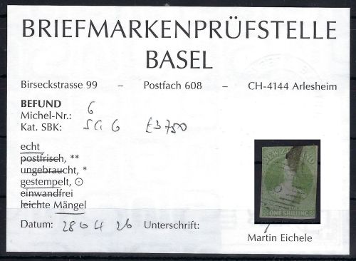 A) Neuseeland Mi 6 °, Befund Prüfstelle Basel, ME 4.000€