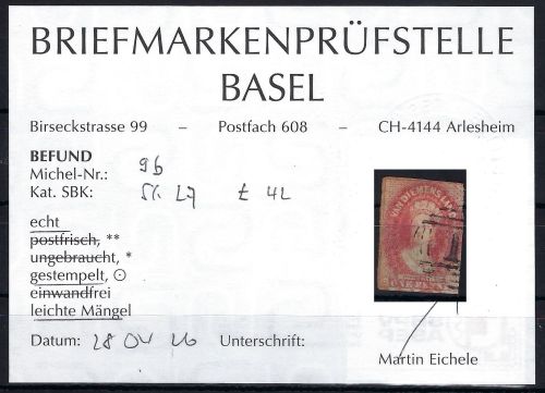 A) Tasmanien Mi 6 b ° Befund Prüfstelle Basel, Mängel, ME 1.100€