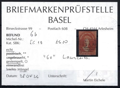 A) Tasmanien Mi 6 b ° Befund Prüfstelle Basel, Mängel, ME 1.000€