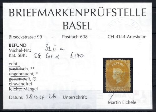 A) Ceylon Mi 32 Isa ° mit Befund Prüfstelle Basel, ME 70€
