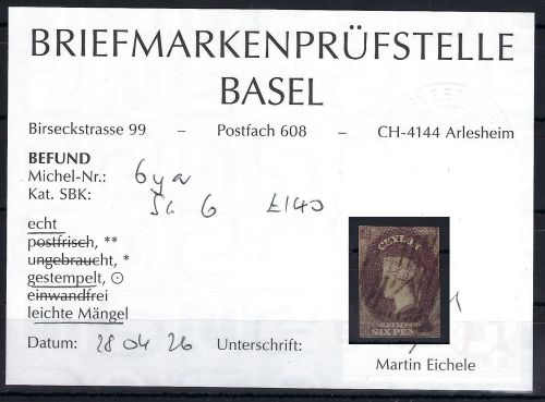 A) Ceylon Mi 6 ya ° mit Befund Prüfstelle Basel, ME 200€
