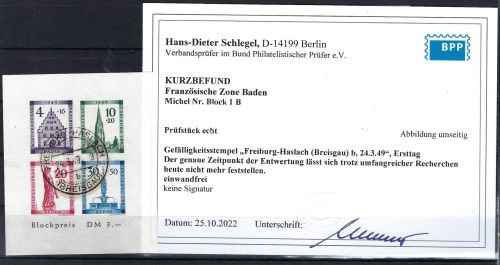 A) Fr. Zone Baden Block 1 B ° einwandfrei, KB Schlegel BPP