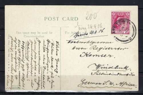 A) SWA 1906 unter englische Besetzung AK Kapstadt n. Windhuk