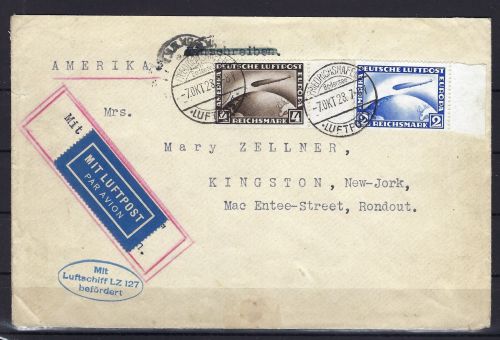 C) DR Zeppelin Mi 423-424 Randstücke, MiF Friedrichshafen n. New York