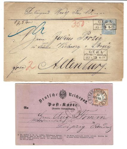 C) DR Mi 18 + 20 mit Hufeisenstempel Strassburg und Ra 3 Gera