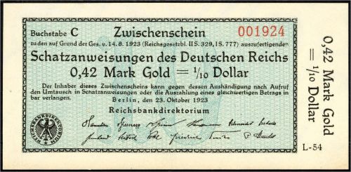 A) DR Schatzanweisungen zu 0,42 Mark Gold 23.10.1923. KN. 6-stellig