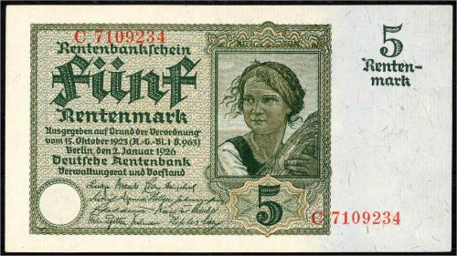 A) DR 5 Rentenmark 2.1.1926. KN. 7-stellig, Serie C. II+ / II