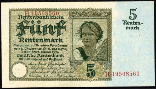 A) DR 5 Rentenmark 2.1.1926. KN. 8-stellig, Serie H. II+ / II