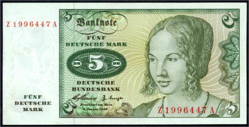 A) Bund 5 DM Austauschnote 2.1.1960. Serie Z/A, bankfrisch