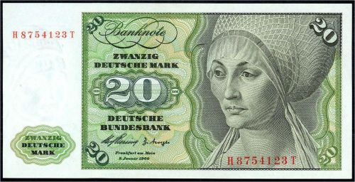 A) Bund 20 DM 2.1.1960. Serie H/T. I / I, bankfrisch