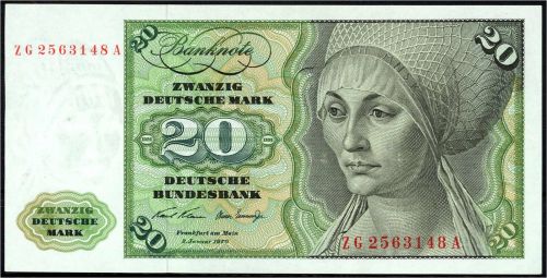 A) Bund 20 DM 2.1.1970 Austauschnote Serie H/T. I / I, bankfrisch