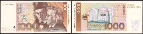 A) Bund 1000 DM 1.8.1991. Serie AA/Z. I / I, bankfrisch
