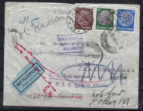 A) DR 1938 LuPo Brief Wien - Johannesburg, Retour, seltene Destination