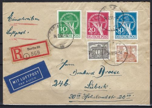 A) Berlin Mi 68-70 LuPo / Einschreiben Berlin n. Lübeck portogerecht