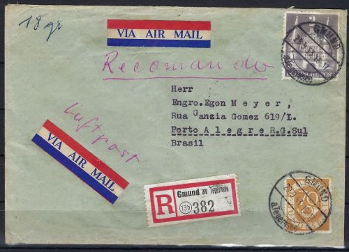 A) Bizone Mi 98 II wg / Bund Mi 136 , LuPo R-Brief Gmund n- Brasilien