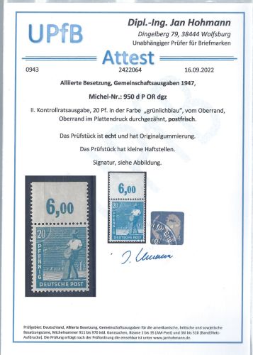 A) Kontrollrat II, Mi 950 d P OR dgz **, Attest Hohmann, ME 1.000€
