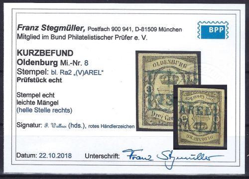 C) Oldenburg Mi 8 ° vollrandig mit KB Stegmüller BPP, ME 750€