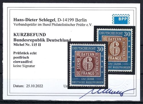 A) Bund Mi 115 ** mit PF II einwandfrei, KB Schlegel BPP, ME 350€