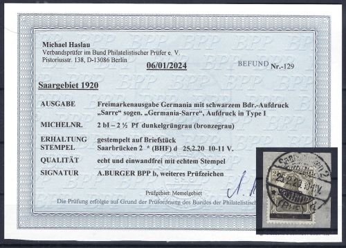 C) Saargebiet Mi 2 b I ° einwandfrei, mit Befund Haslau BPP, ME 300€