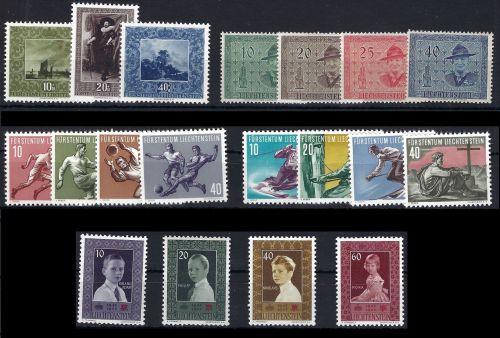 A) Liechtenstein Mi 301-03, 315-18, 322-25, 334-37, 338-41 **, ME 268€