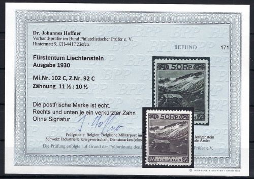A) Liechtenstein Mi 102 C ** mit Befund Hoffner BPP, ME 350€