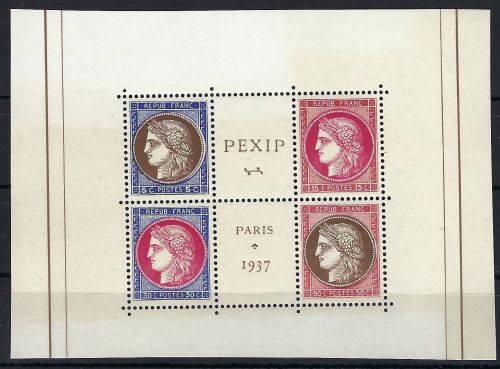 A) Frankreich PEXIP 1937, Herzstück aus Block 3 ** in Luxus Qualität
