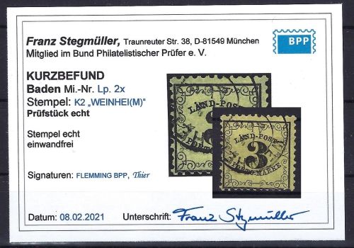 C) Baden Landpost Mi 2x ° mit KB Stegmüller BPP, ME 150€