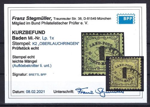 C) Baden Landpost Mi 1x ° mit KB Stegmüller BPP, ME 400€