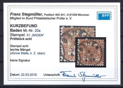 C) Baden Mi 20a ° ideal gestempelt, mit KB Stegmüller BPP