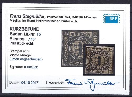 C) Baden Mi 1b ° mit KB Stegmüller BPP, ME 320€, leichte Mängel