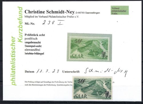 A) Saarland Urdruck Mi 238 I ** einwandfrei, KB Schmidt-Ney VP