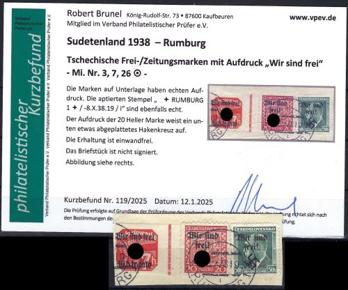 A) Sudetenland Rumburg Mi 3, 7, 26 Briefstück einwandfrei, KB Brunel